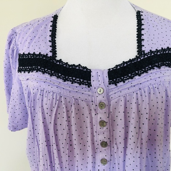 Nightgown Pullover Purple Polka Black Trim Short Sleeves CELESTIAL DREAMS - Picture 3 of 11